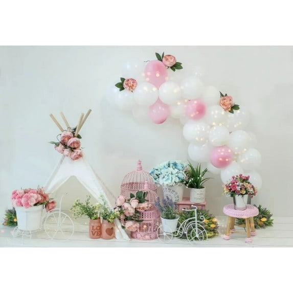 Kids 1st Birthday Party Backdrop Colorful Balloons Cute Bird Bear Plush Toys Newborn Portrait Photography Background