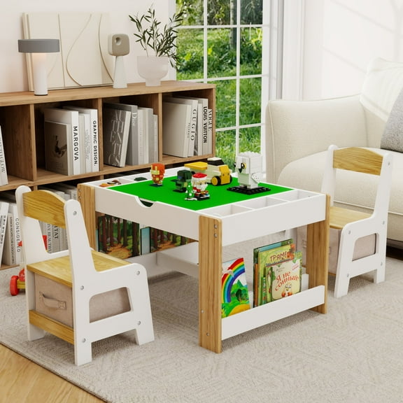 Kids 2 in 1 Play Table and 2 Chair Set with 7 Storage Compartments, Lego Table With Storage, Modern Activity Learning Table Game Furniture with LEGO Building Block, White