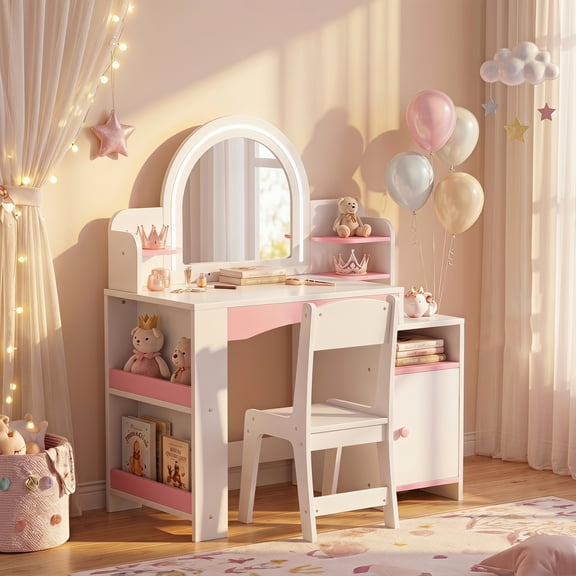 Kids 2-Color LED Lighted Mirror Bookshelf Table Set