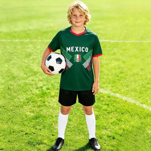 Kids 2-Pack Soccer Set Mexico Boys Outfit Short Sleeve Tee Short Pants Casual Football Fans Outfits 3-14 Years
