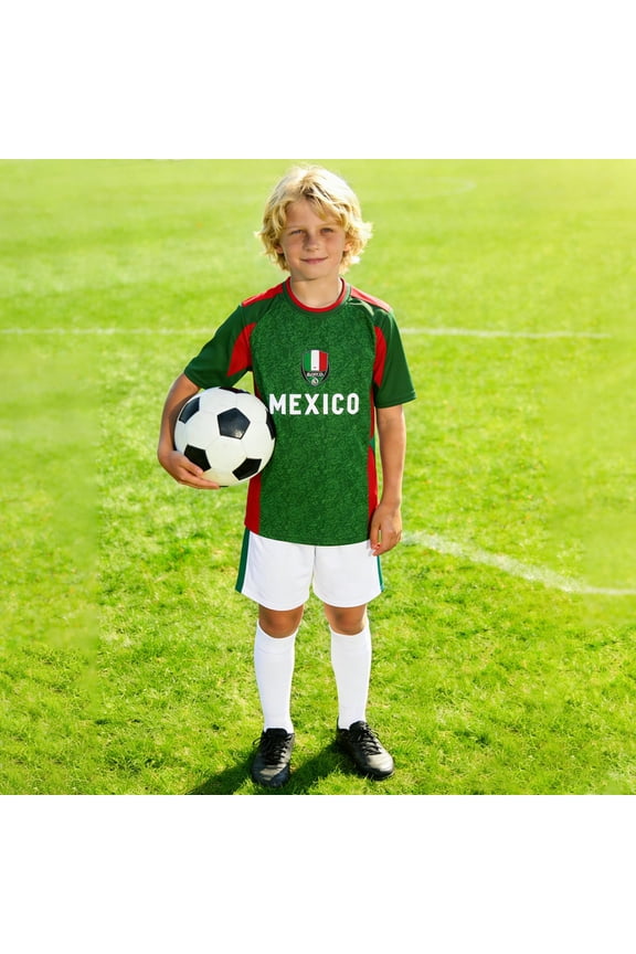Kids 2-Pack Soccer Mexico Outfits Short Sleeve Raglan Top and Shorts Athletic Sports Sets Casual Football Fans Clothes Set 3-14 Years