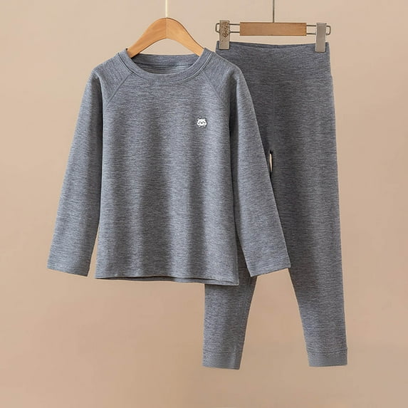 Kids' 2 Piece 100% Cotton Underwear Set, Unisex Gray Long Sleeve Top & Full-Length Pants, Soft Breathable Base Layer for 4-12 Years,Size 14-15T