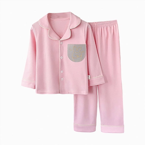 Kids 2‑Piece Button‑Up Pajama Set with Embroidery Pocket,Soft Fabric Sleepwear for Boys and Girls 14-15 Years