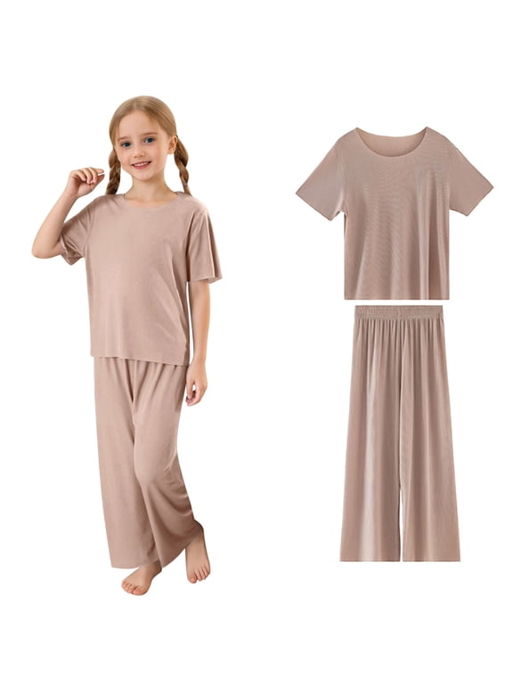 Kids' 2 Piece Cooling Set Round Neck Short Sleeve Set with Elastic Waist Pants Casual Outfit Set 2-15 Years