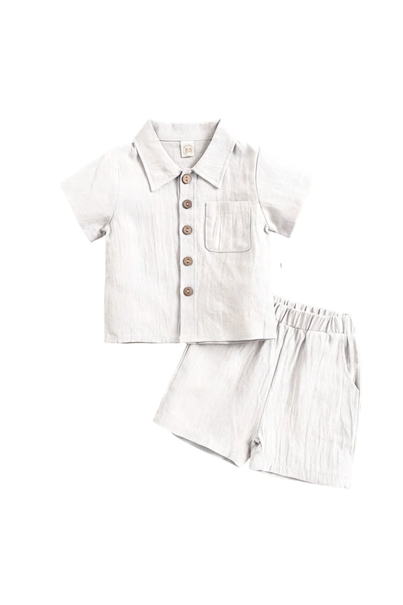 Kids 2 Piece Cotton Linen Set Lapel Button Down Short Sleeve Shirts Elastic Waist Shorts Summer Lightweight Clothes (9-10Years, White)