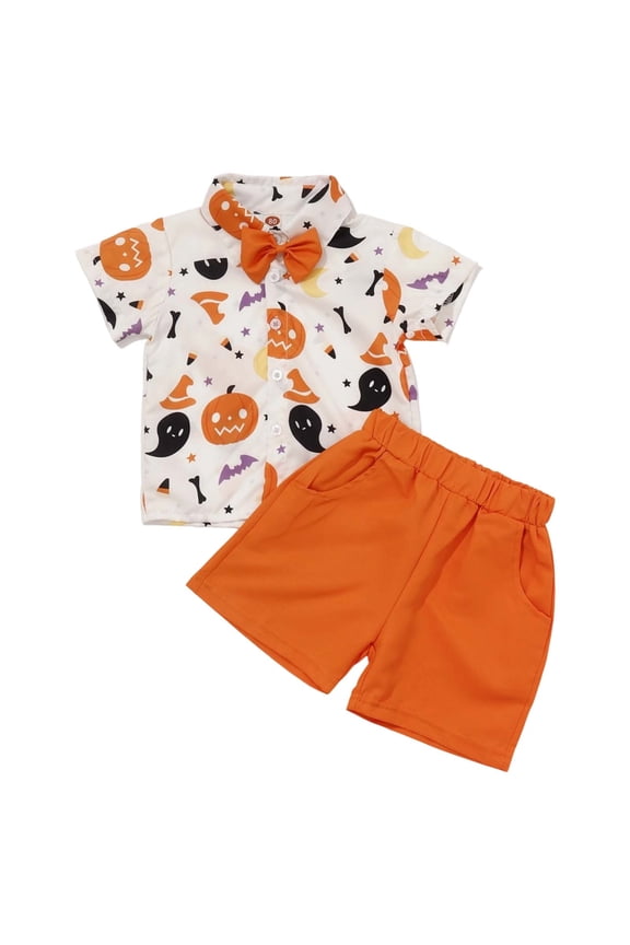 Kids 2 Piece Festival Outfit Short Sleeve Shirt with Moon Print and Matching Shorts with Bow Tie Fashion Outfit for Festival and Party Wear