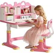 Kids 2-Piece Height Adjustable 0-50&deg; Tiltable Desktop Ergonomic Chair Storage Drawer Book Stand Activity Table and Chair Set, Pink