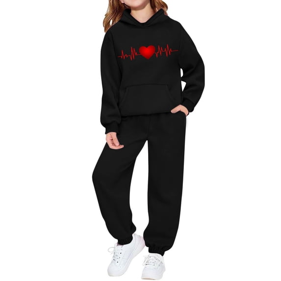 Kids 2-Piece Hoodie Jogger Set Black, EKG Heart Print Graphic Loungewear, Unisex Tracksuit for Boys Girls Ages 4-14Y,Size 11-12T