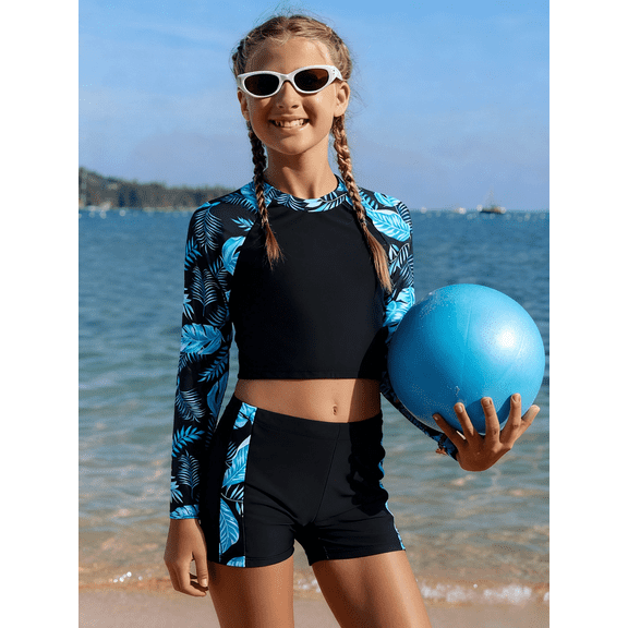 Kids' 2-Piece Long-Sleeve Swimsuit Set - Tropical Leaf Print Leisure Swimwear (Multiple Sizes)