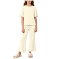 thumbnail image 1 of Kids 2 Piece Lounge Outfits Short Sleeve Crew Neck Tees Elastic Waist Pants Soft Comfy Loose Homewear Set (12-13 Years, Beige|Solid), 1 of 7