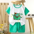 thumbnail image 1 of Kids 2 Piece Outfit Cute Cartoon Print Striped Short Sleeve T-Shirt and Matching Shorts Set Soft Cotton Outfit for Summer Daily Casual and Vacation Wear, 1 of 6