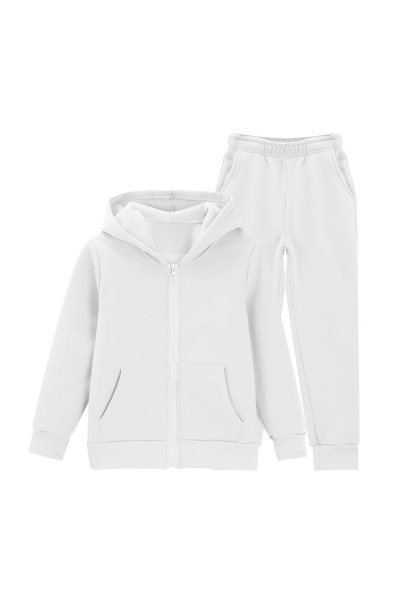 Kids 2 Piece Outfits Solid Full Zip Hoodie Jacket and Elastic Cuff Jogger Pants, Boys Girls Plain Soft Fleece Casual Tracksuit for Daily Loungewear Outdoor Wear(White,11-12 Years)