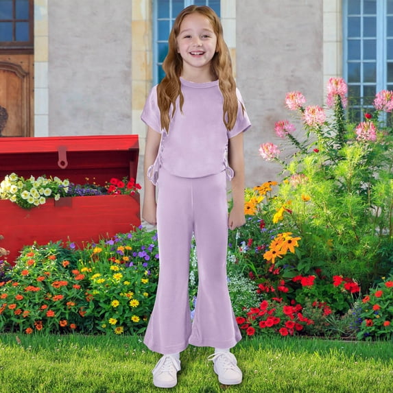 Kids 2 Piece Pajama Set Toddler Kids Girls Fashion Cute Solid Color Soft Short Sleeve Top Flared Trousers Home Wear Suit 18 Month Girl Clothes