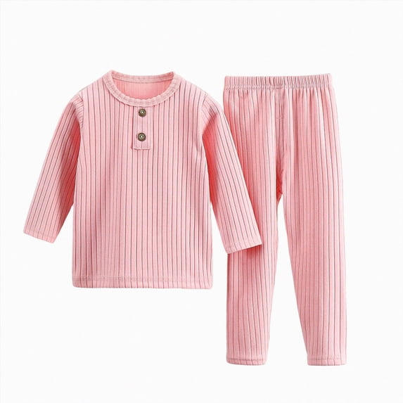 Kids 2‑Piece Ribbed Henley Pajama Set with Button Placket,Cozy Fabric Sleepwear for Boys and Girls 18-24 Months