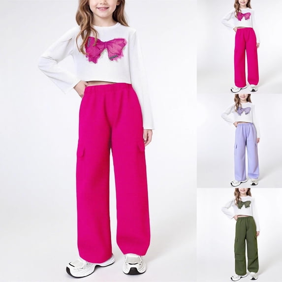 Kids 2-Piece Solid Color Outfit Set - Long Sleeve Bow Top with Elastic Waist Pants, Casual Pullover Tracksuit for Daily Wear | CSEONE