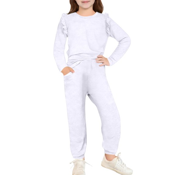 Kids 2 Piece Sweatsuit Crew Neck Long Sleeve Pullover Tops Elastic Waist Pockets Jogger Pants Casual Loose Outfits (12 Years, White)