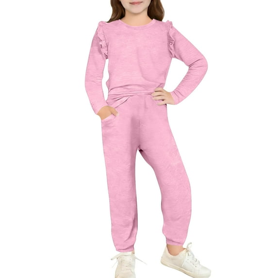 Kids 2 Piece Sweatsuit Crew Neck Long Sleeve Pullover Tops Elastic Waist Pockets Jogger Pants Casual Loose Outfits (4 Years, Pink)
