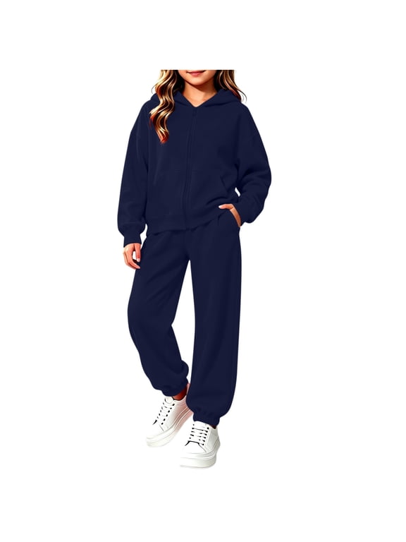 Kids 2-Piece Tracksuit Full Zip Hoodie and Jogger Pants Set Warm Fleece Athletic Outfit for Boys Girls (Ages 2-14 Years) School Daily Wear