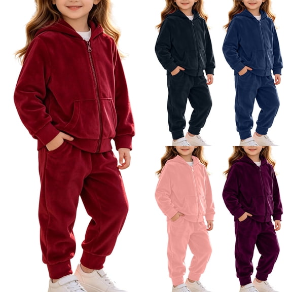 Kids 2 Piece Velour Tracksuit Set, Unisex Full Zip Hooded Jacket with Pocket and Elastic Cuff Jogger Pants Soft Warm Casual Outfit for Boys Girls Daily Wear Red 4years