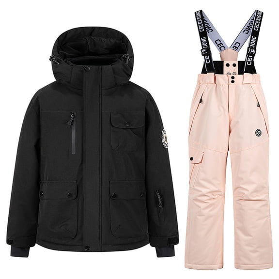 Kids 2 Piece Waterproof Snowsuit Winter Warm Padded Windproof Ski Jacket Cozy Outdoor Bib Pants Outfit Set with Pocket