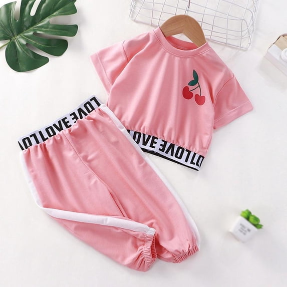 Kids 2 Pieces Outfits Cropped T Shirt and Long Pants Tracksuits Set Sportwear For Girls