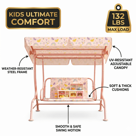 Kids 2-Seat Patio Swing Chair with Adjustable Canopy & Seat Belts, Rainbow Pattern, 132 lbs Capacity