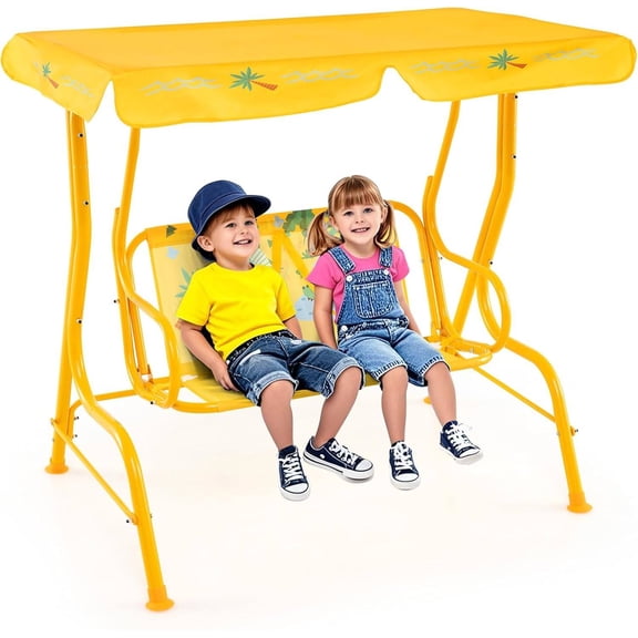Kids 2-Seater Outdoor Patio Swing with Adjustable Canopy & Safety Belts, All-Weather Resistant, for Garden, Porch, Balcony