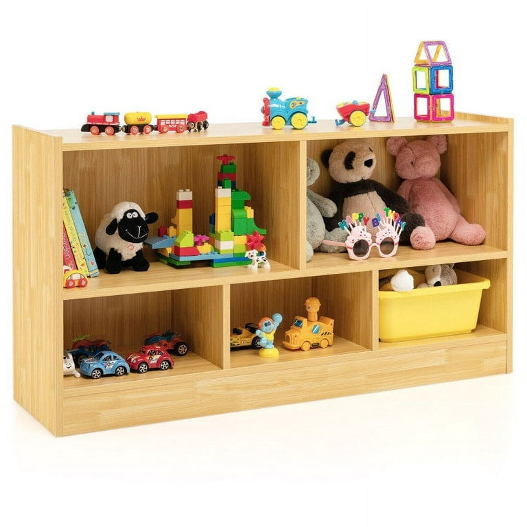 Hikidspace 2-Shelf Bookcase 5-Cube Wood Kids Toy Storage Cabinet Organizer Natural