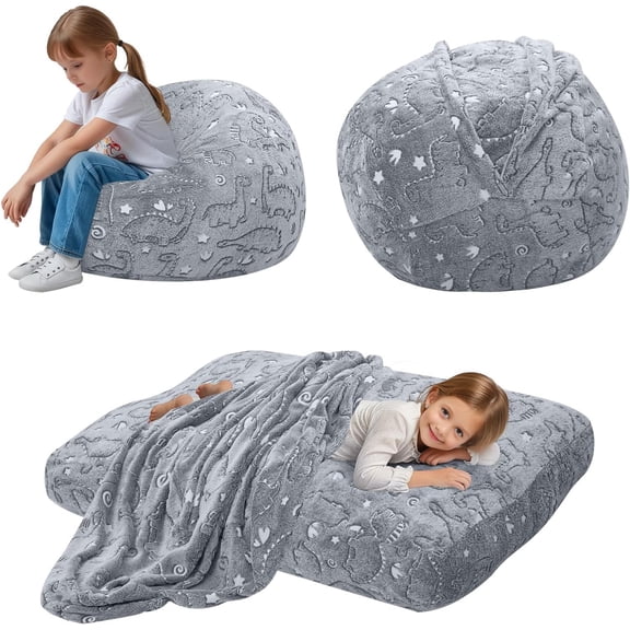 Kids 2-in-1 Convertible Bean Bag Chair and Floor Bed Dinosaur Design Glowing Grey 29.5"D x 29.5"W x 18.5"H