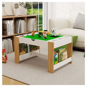 Kids 2 in 1 Play Table with 7 Storage Compartments,Compatible with Building Block,Modern Activity Learning Table Game Furniture-White as Pic