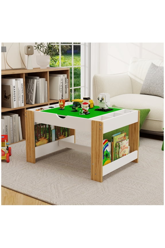 Kids 2 in 1 Play Table with 7 Storage Compartments,Compatible with LEGO Building Block,Modern Activity Learning Table Game Furniture-White