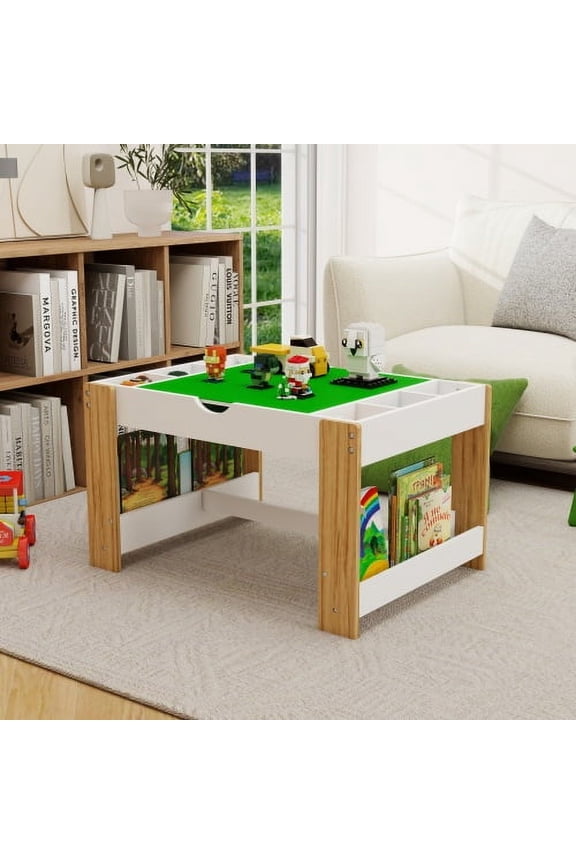 Kids 2 in 1 Play Table with 7 Storage Compartments,Compatible with LEGO Building Block,Modern Activity Learning Table Game Furniture-White