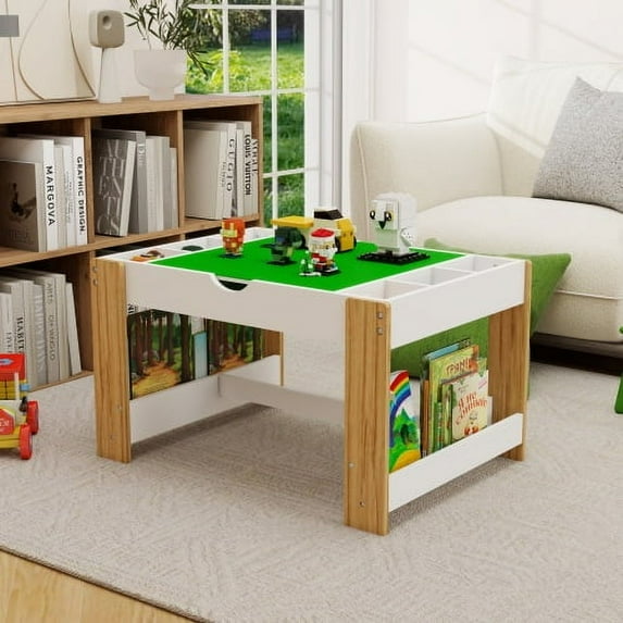 Kids 2 in 1 Play Table with 7 Storage Compartments,Compatible with LEGO Building Block,Modern Activity Learning Table Game Furniture-White