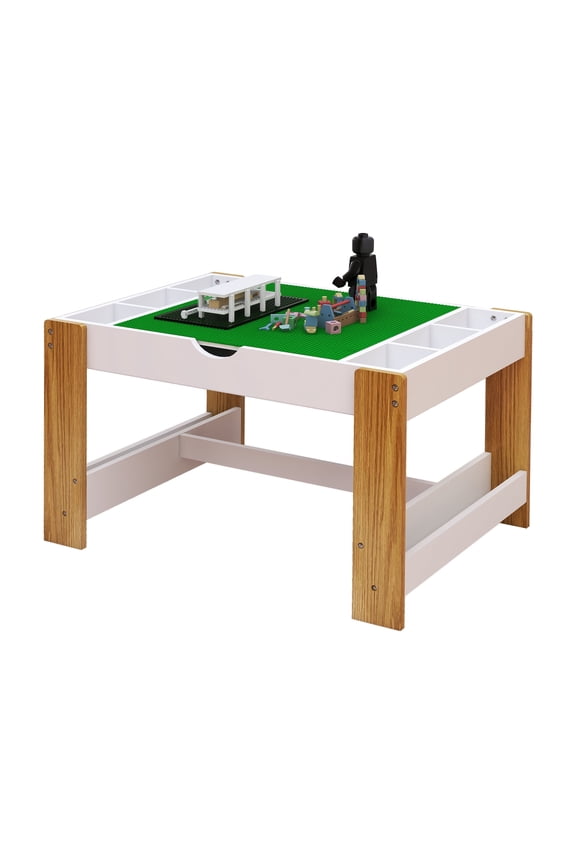Kids 2 in 1 Play Table with 7 Storage Compartments,Compatible with LEGO Building Block,Modern Activity Learning Table Game Furniture-White