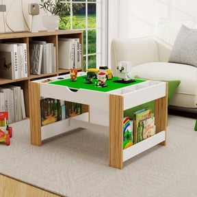 Kids 2 in 1 Play Table with 7 Storage Compartments, Compatible with LEGO Building Blocks, Modern Activity Learning Game Table, White & Green