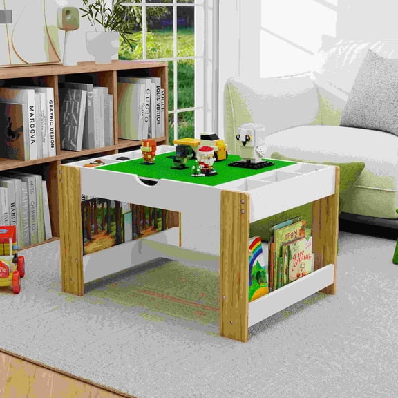 Kids 2 in 1 Play Table with 7 Storage Compartments, Compatible with LEGO, Modern Activity Learning Table Game Furniture for Small Spaces, White+Green