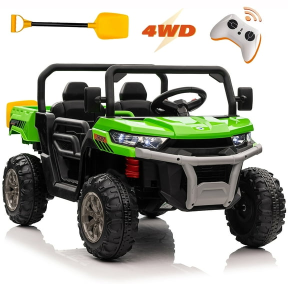 Kids 24V Ride on Toys Truck with Remote Control, 2 Seater Powered Four-Wheeler UTV Vehicle, 4x200W Outdoor Toys Car w/ Electric Dump Bed, Shovel, Bluetooth/Music, Green