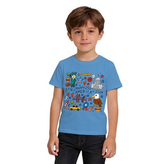 Kids 250th Anniversary America Doodle T-Shirt, Boys Patriotic 1776-2026 Short Sleeve Graphic Tee