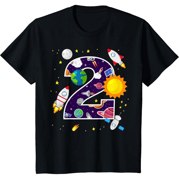 Kids 2nd Birthday Outer Space Galaxy Two Year Old Birthday T-Shirt, Unisex T-Shirt