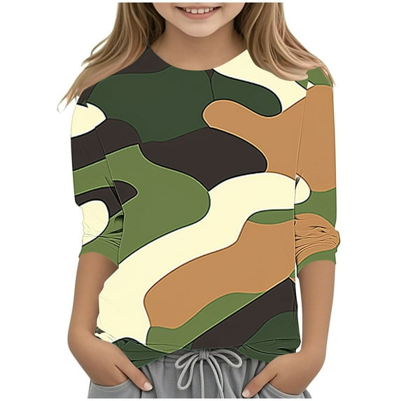 Kids 3/4 Sleeve Camo T-Shirts Boys Girls Cotton Color Block Tops Casual Toddler Cute Graphic Tees Shirts Army Green, 4 Years