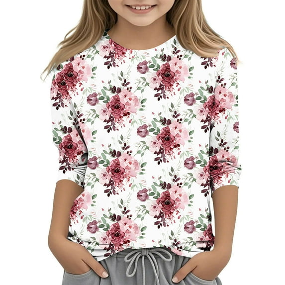 Kids 3/4 Sleeve Shirt Flower Print Tshirt Shirts Loose Fitting Tee Shirts Vintage Printed Shirts Kid Clearance Clothes