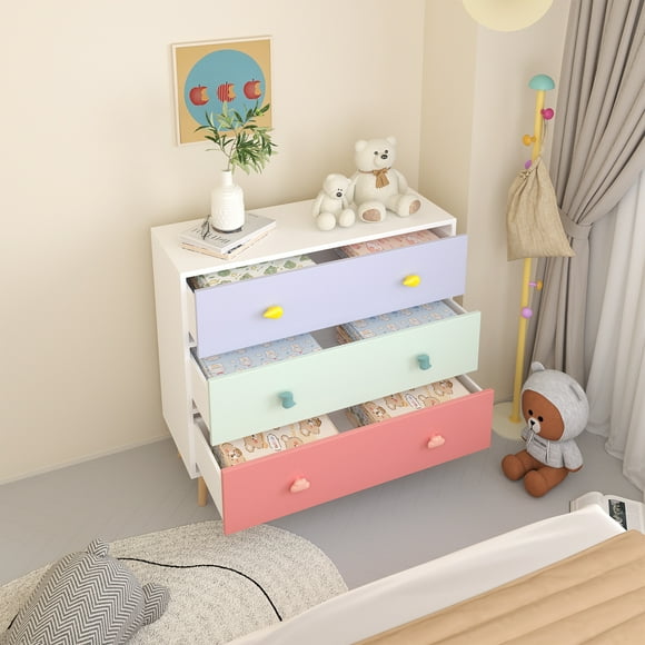 Kids 3 Drawer Dresser, Baby Nightstand for Bedroom, Storage Cabinet for Toddler Child for Living Room, Toddler Room, Nursery, Closet, Apartment (Colorful)