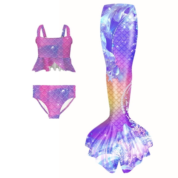 Kids 3 Piece Bathing Suits Fish Tail Set Teen Bathing Suits Kids Bikini for Teen Girl 6-7T Girls Clothing