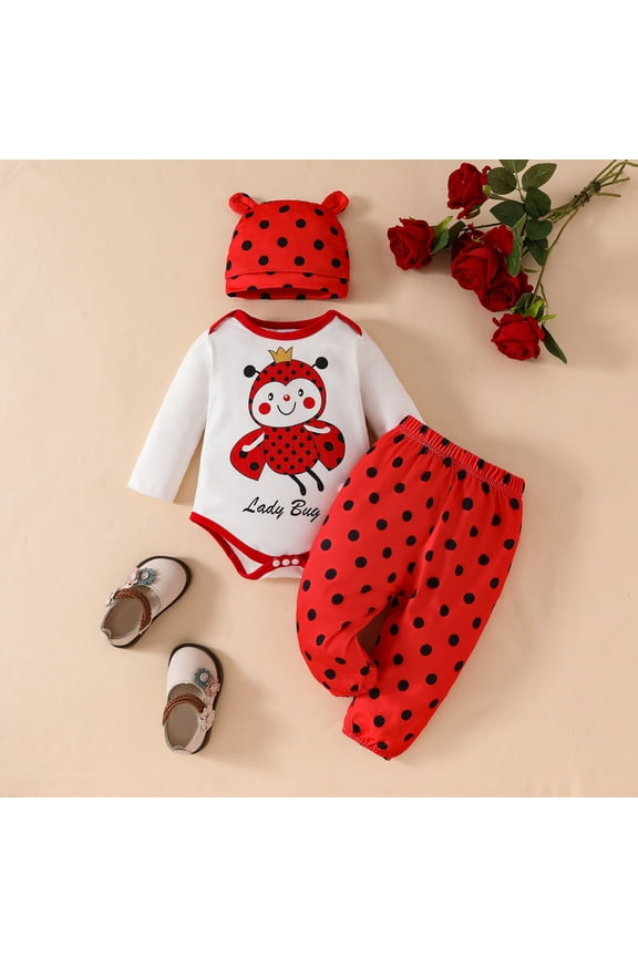 Kids 3 Piece Bodysuit And Pants Set Crewneck Long Sleeve Ladybug Graphic With Hat Weekend Play Wear Set Cold Weather Outfit