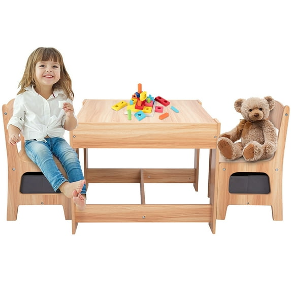 Kids Table and Chair Set, 3 in 1 Wooden Kids Activity Table Set with Storage Drawer, Detachable Tabletop, Toddlers Table and Chair Set for Drawing Reading Arts Crafts Playroom Nursery, Natural
