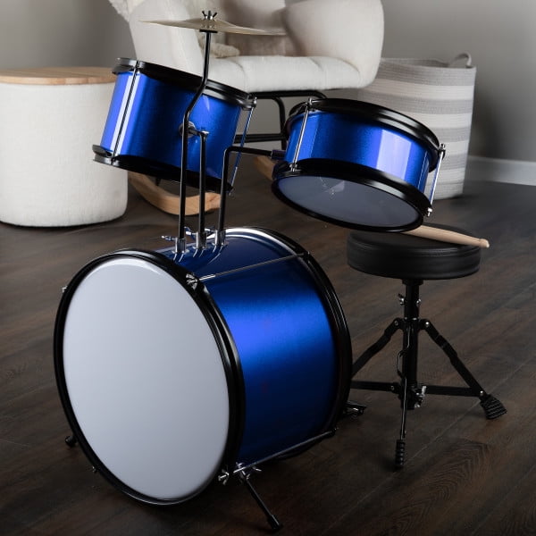Kids 3-Piece Drum Set with Cymbal, 2 Toms, Bass Drum and Pedal, Drumsticks and Drum Throne for Beginners, Blue by Hey! Play!