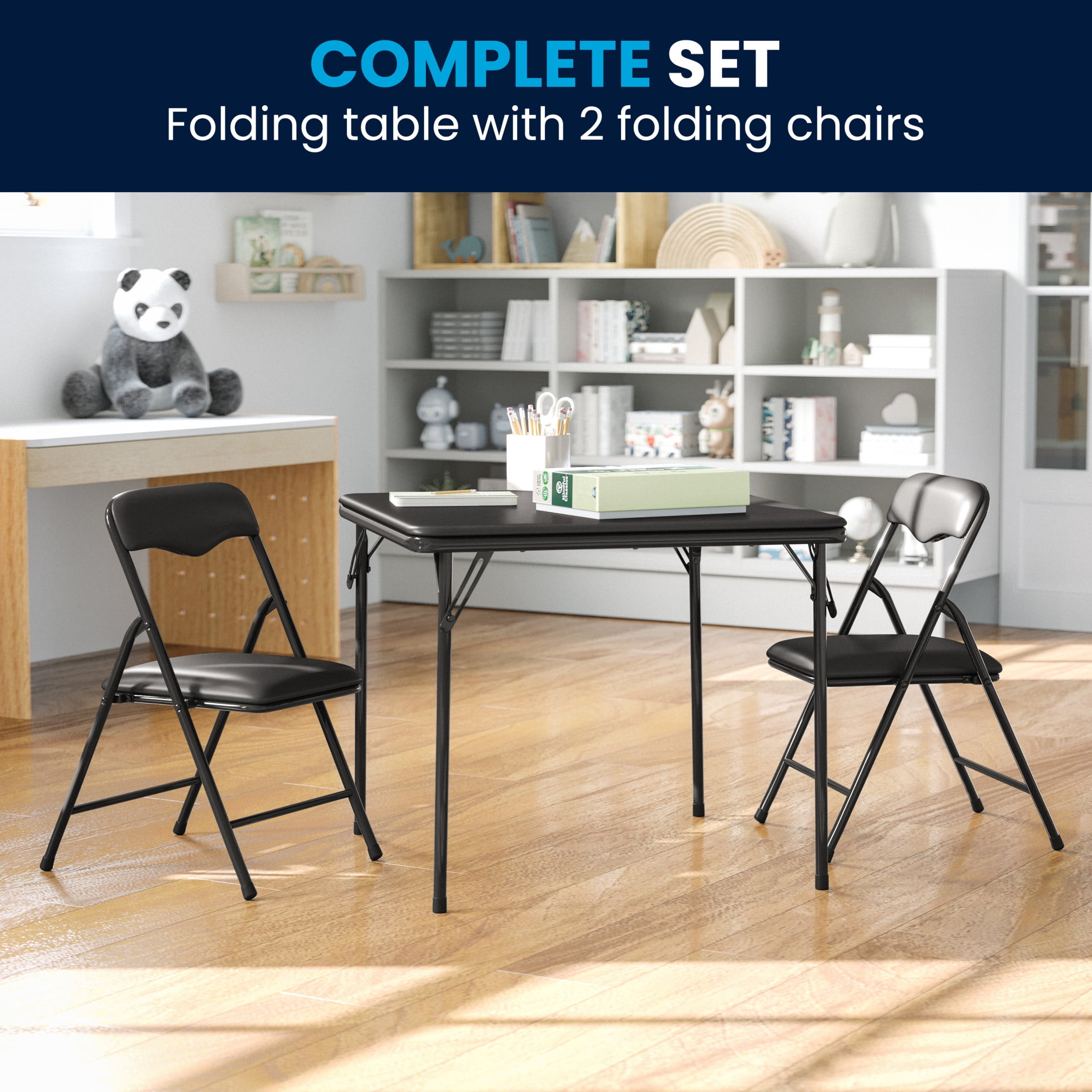 Black Vinyl Upholstered 3-Piece Folding Kids Table and Chair Set