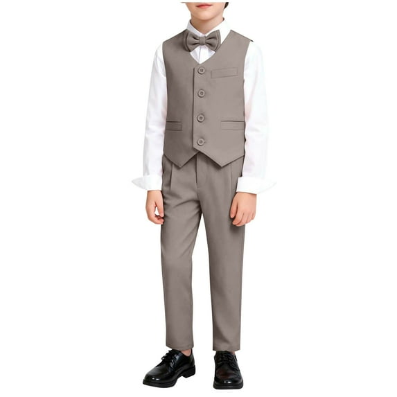 Kids 3 Piece Suit Set Preppy Style Outfits V Neck Sleeveless Button Down Vest Jackets Elastic Waist Pants With Bow Tie (1-2 Years, Khaki)