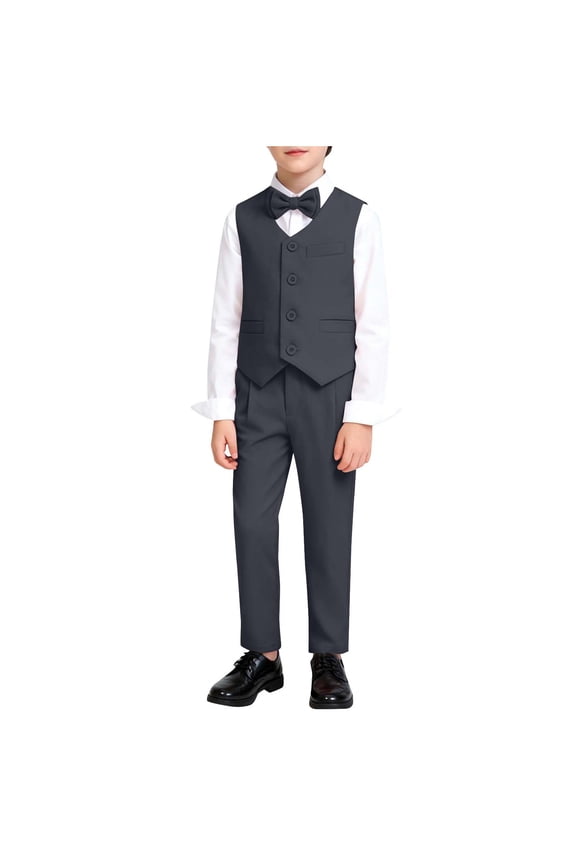 Kids 3 Piece Suit Set Preppy Style Outfits V Neck Sleeveless Button Down Vest Jackets Elastic Waist Pants With Bow Tie (2-3 Years, Gray)