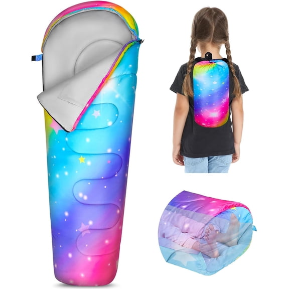 Kids 3 Season Sleeping Bag with Waterproof Backpacking Bag Rainbow